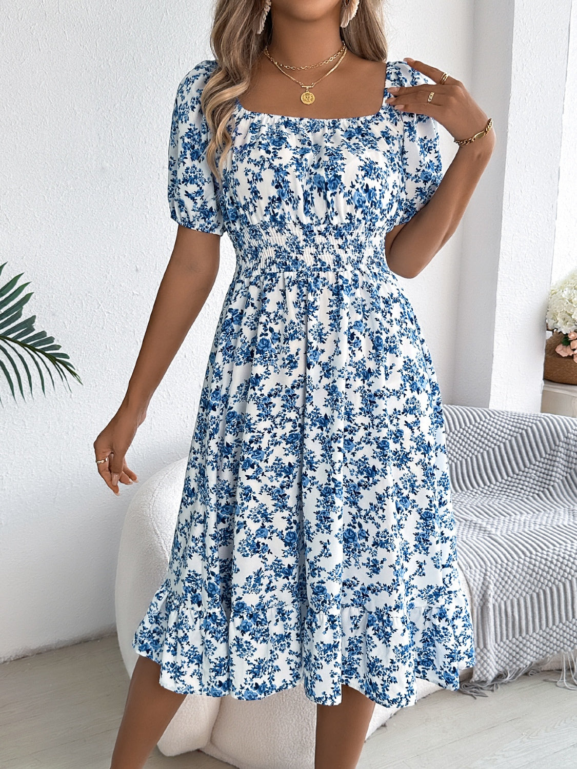 Ruffled Hem Floral Puff Sleeve Dress - MARIGOLD