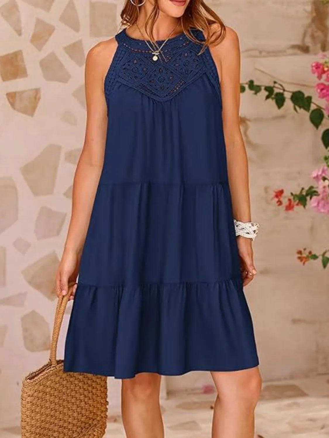Lace Neckline Tiered Mini Dress - MARIGOLD