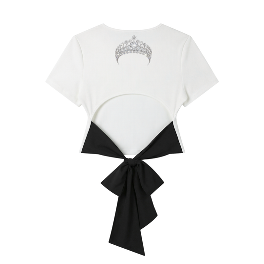Diamond Tiara Print Bridal Party Hens Women's Slim Fit Boatneck T-Shirt with Back Tie