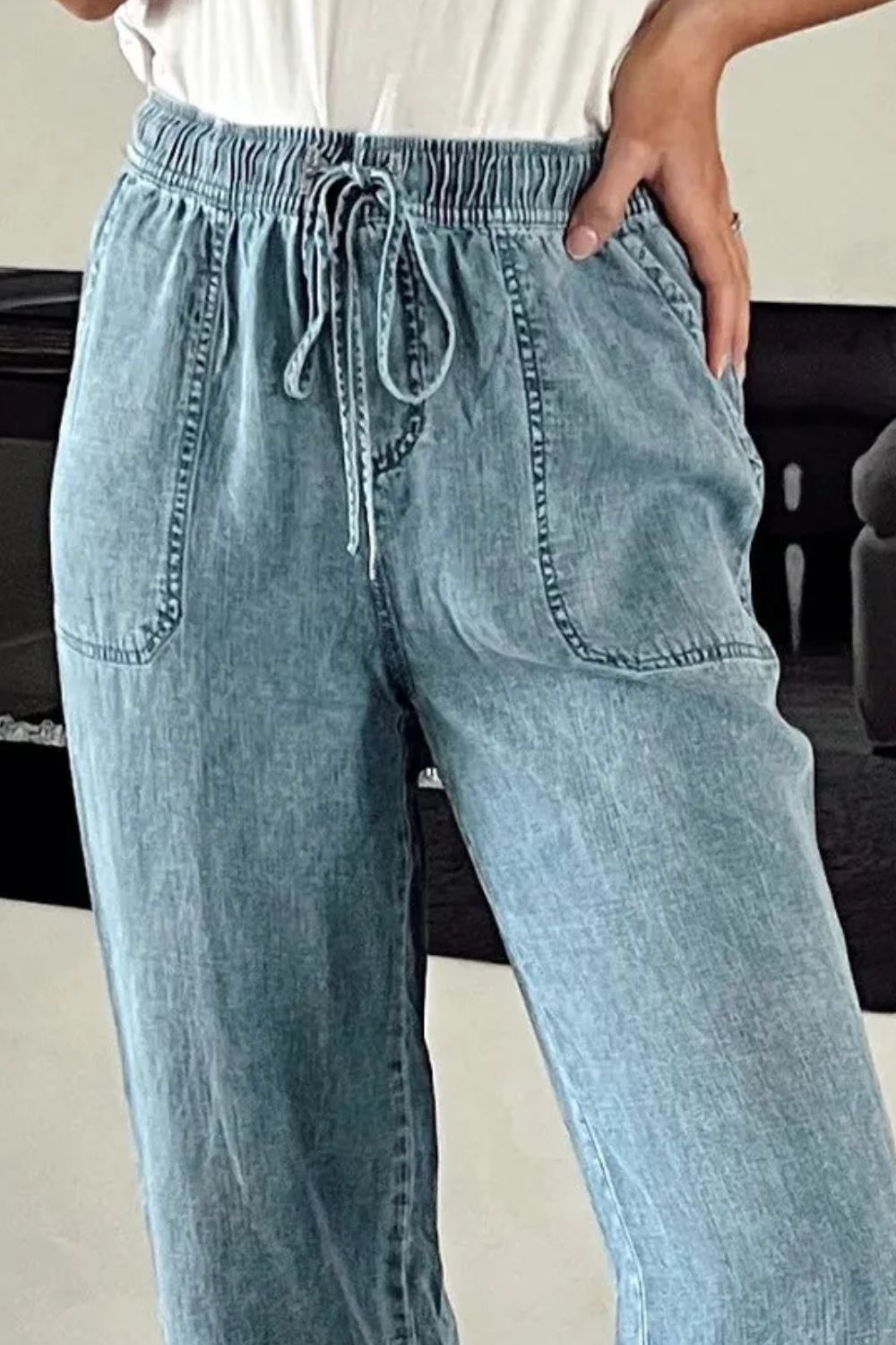 Drawstring High Waist Jeans with Pockets - MARIGOLD