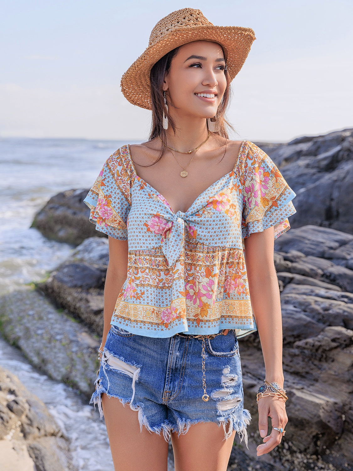Floral Sweetheart Tie-Front Angel Sleeve Blouse - MARIGOLD