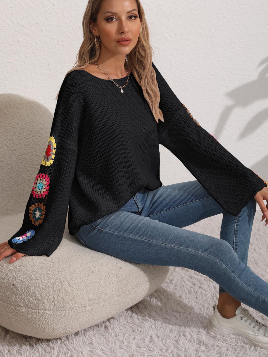 Flower Crochet Knit Long Sleeve Sweater - MARIGOLD