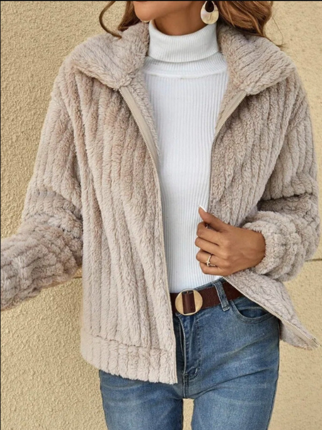 Plush Zip Up Long Sleeve Jacket - MARIGOLD