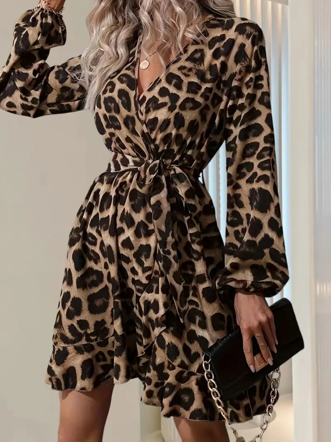 Surplice Mini Dress with Balloon Sleeves & Waist Tie - MARIGOLD