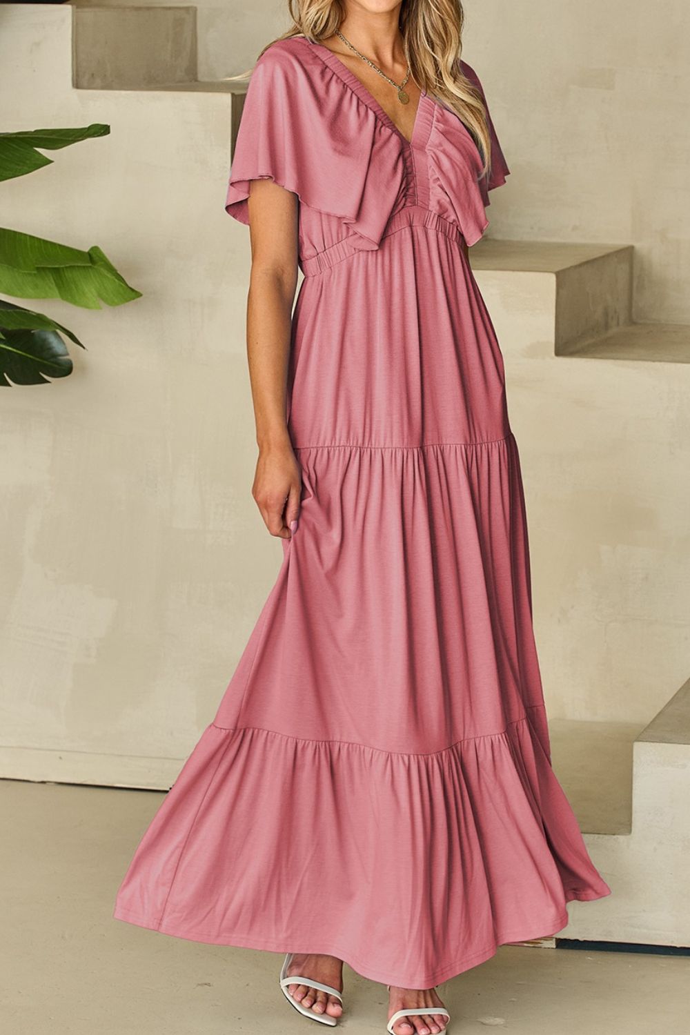 Ruffled V Neck Flutter Sleeve Maxi Dress - MARIGOLD