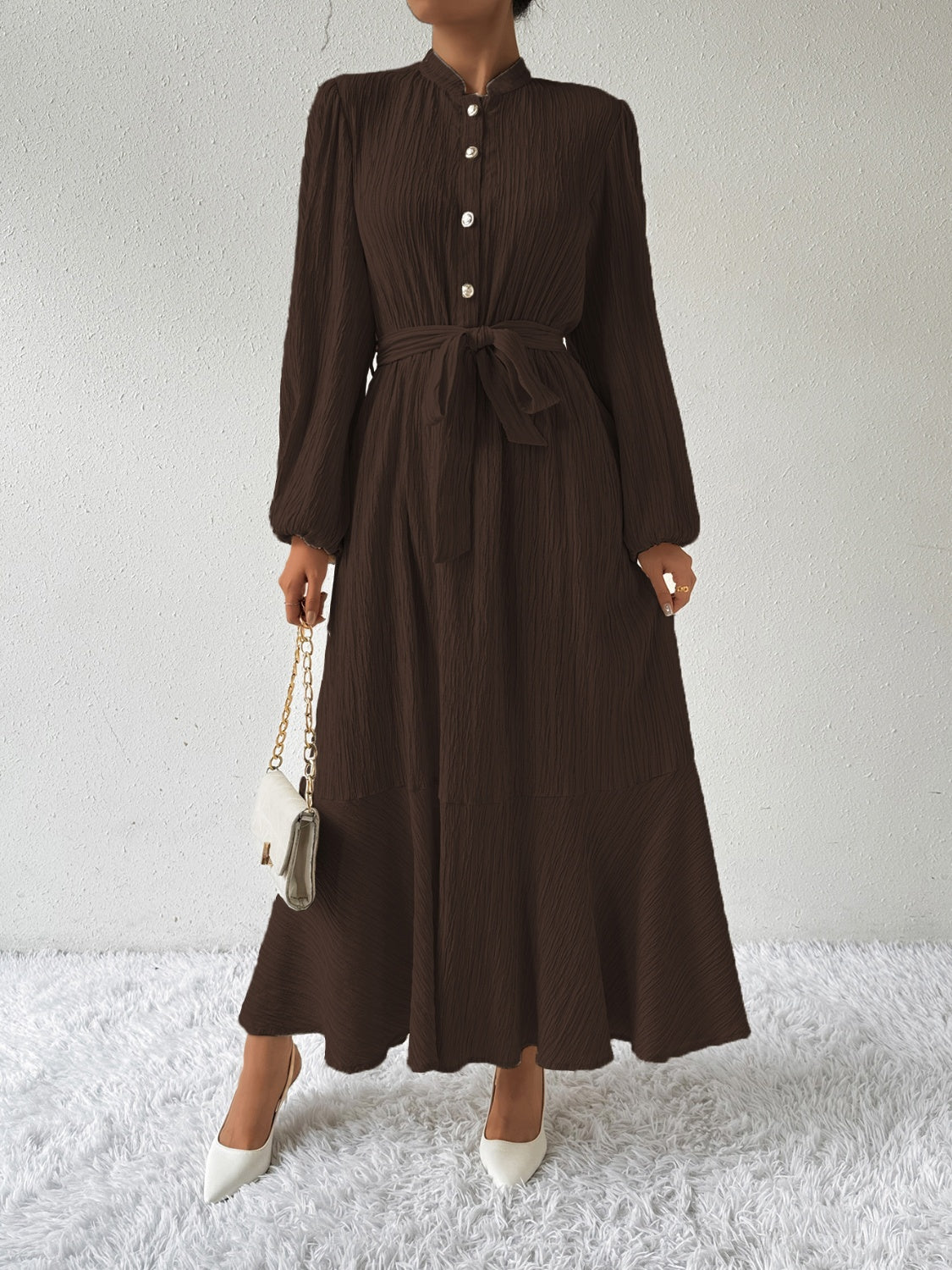 Belted Button Front Long Sleeve Maxi Dress - MARIGOLD