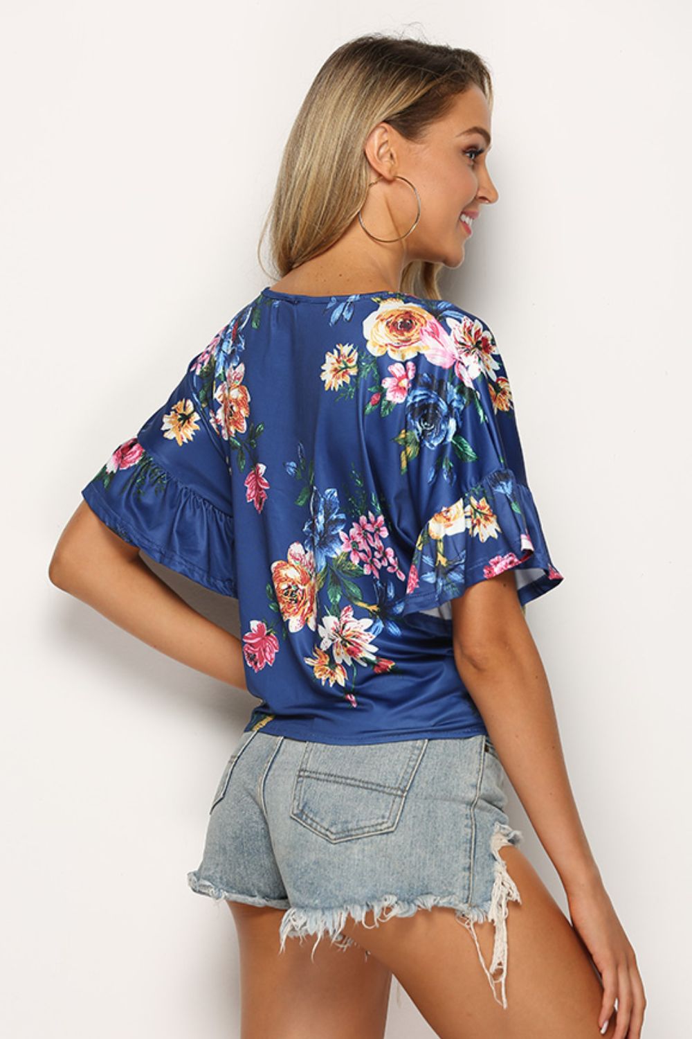 Shiny Floral Tie Hem Flounce Sleeve Top - MARIGOLD