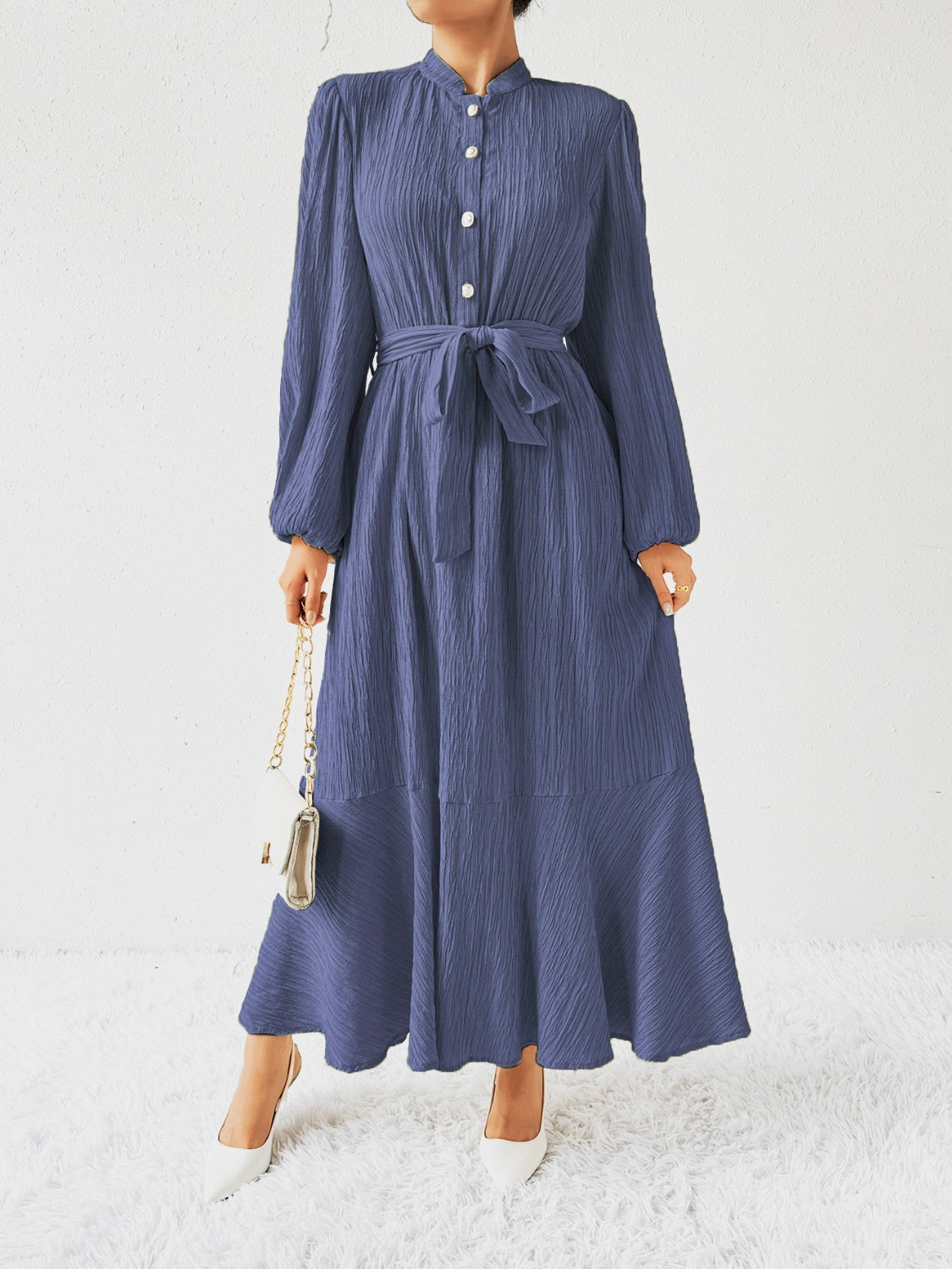 Belted Button Front Long Sleeve Maxi Dress - MARIGOLD
