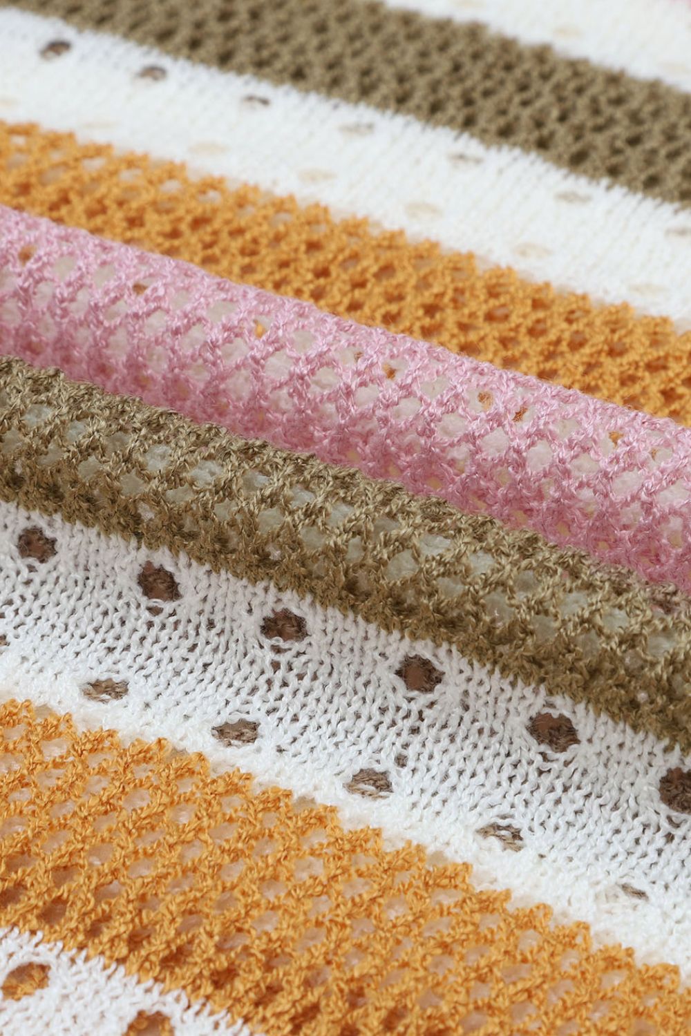 Open Knit Striped Round Neck Sweater - MARIGOLD