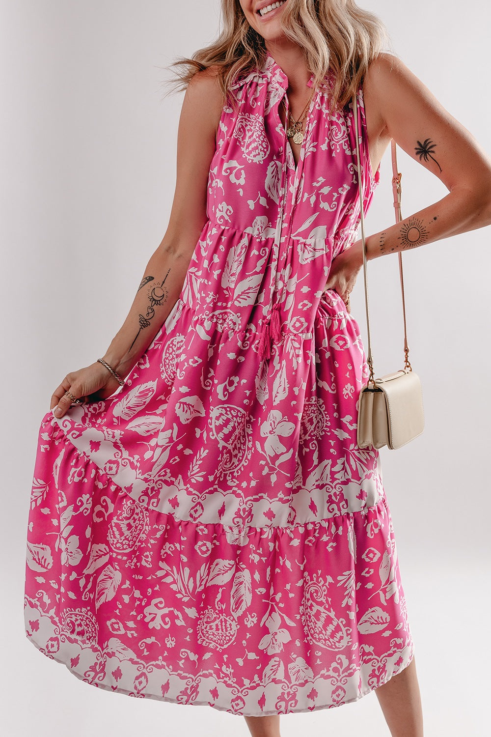 Floral Sleeveless Tasseled Tie Neck Tiered Midi Dress - MARIGOLD