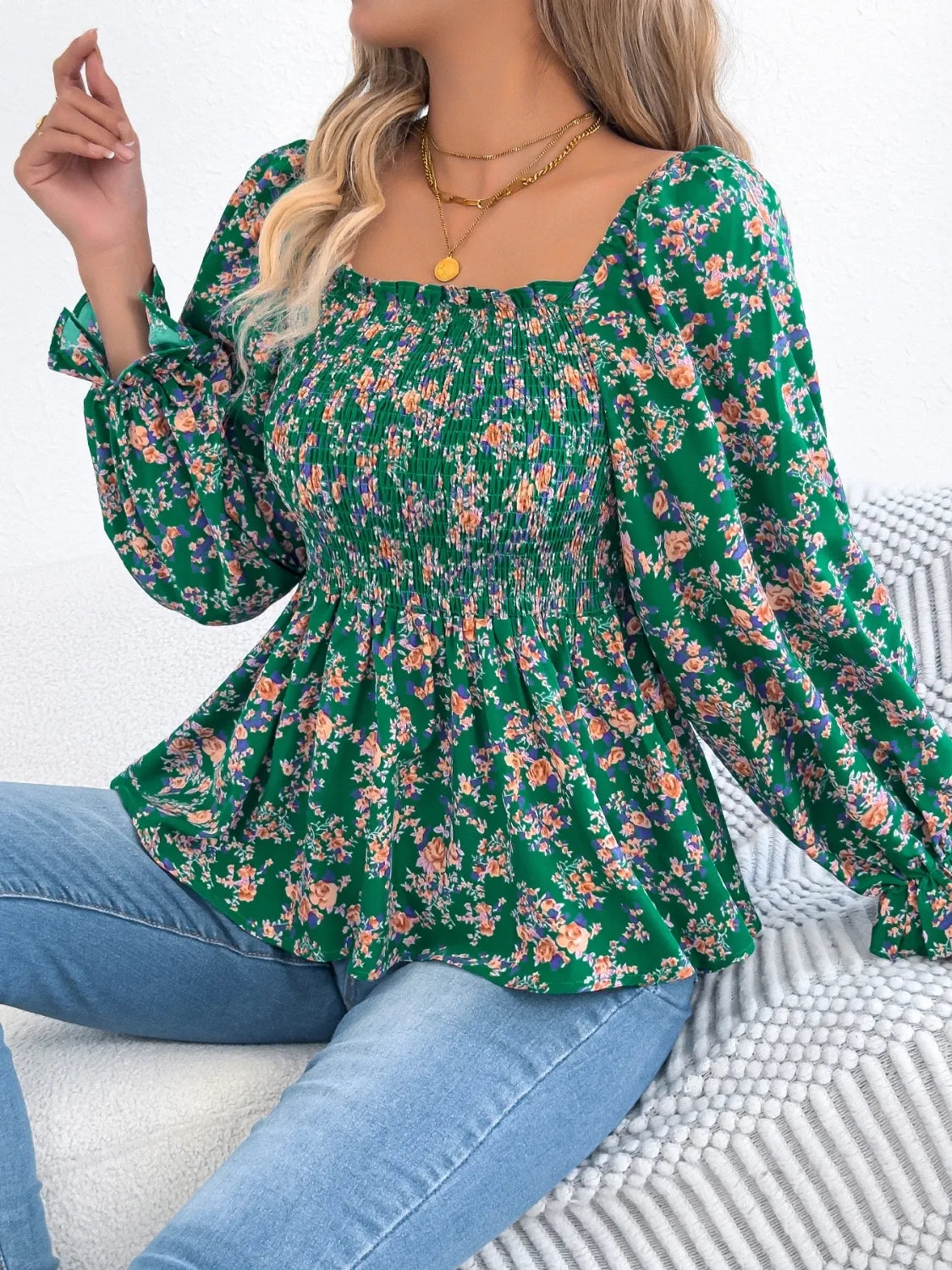 Floral Square Neck Flounce Sleeve Blouse - MARIGOLD
