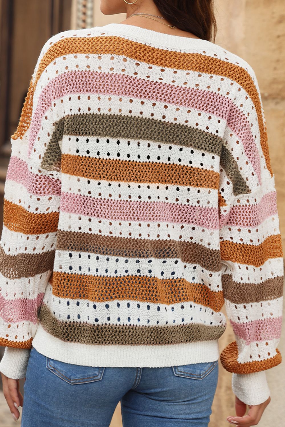 Open Knit Striped Round Neck Sweater - MARIGOLD