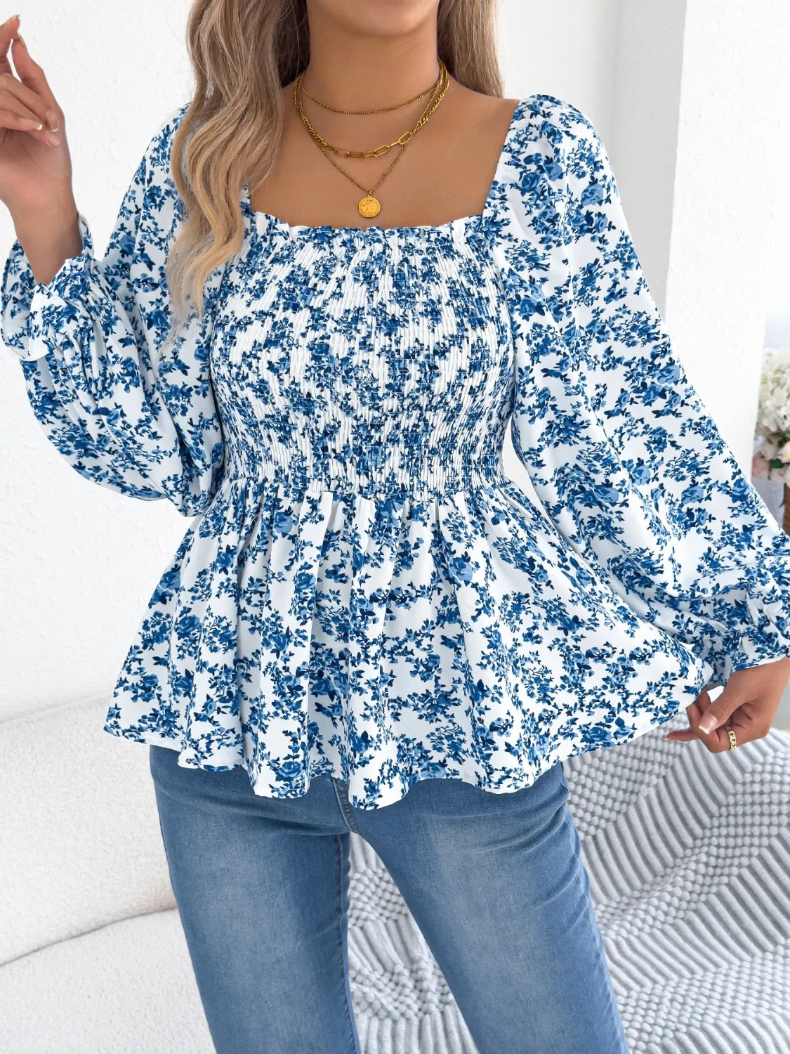 Floral Square Neck Flounce Sleeve Blouse - MARIGOLD
