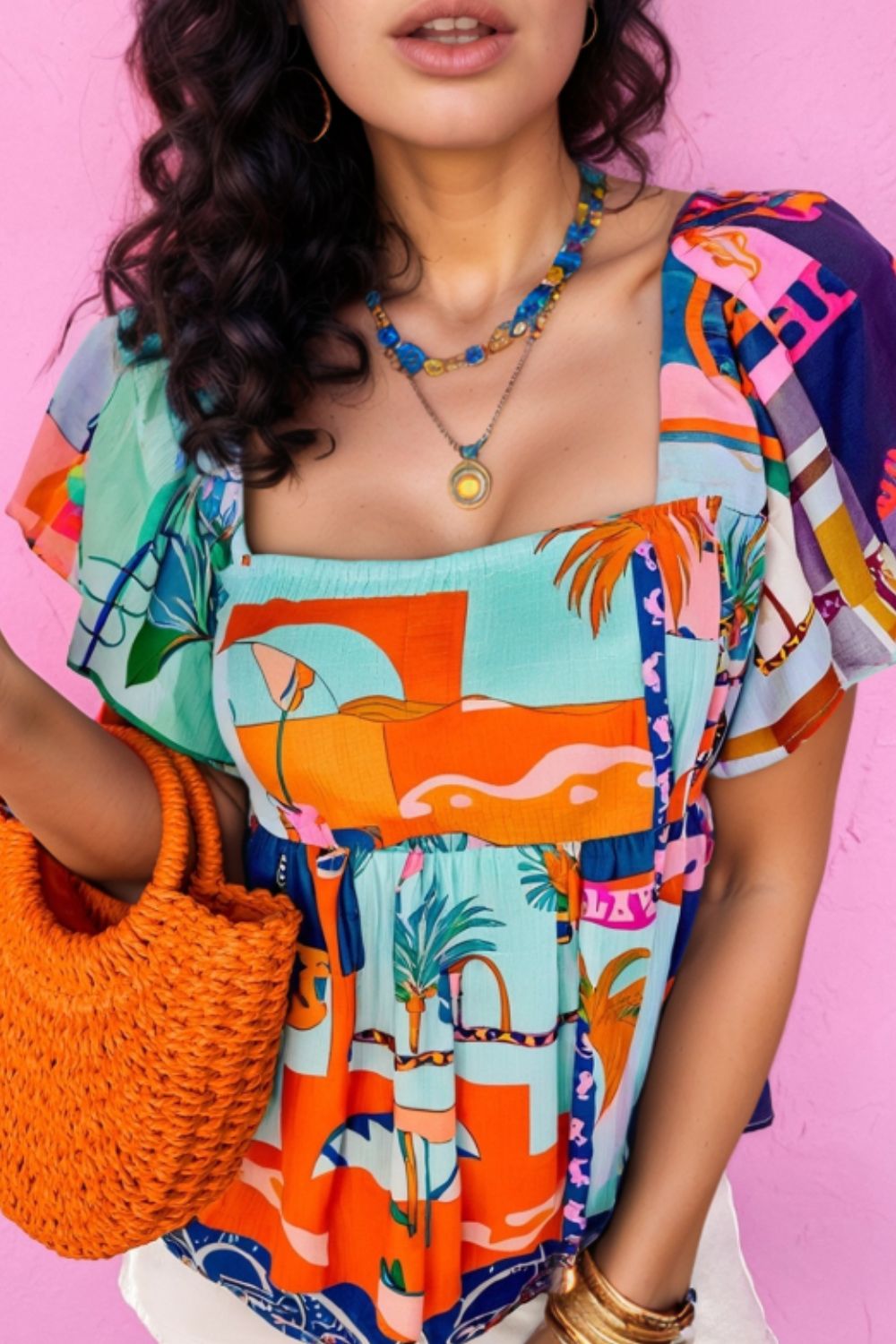 Vacation Square Neck Ruffled Short Sleeve Blouse - MARIGOLD