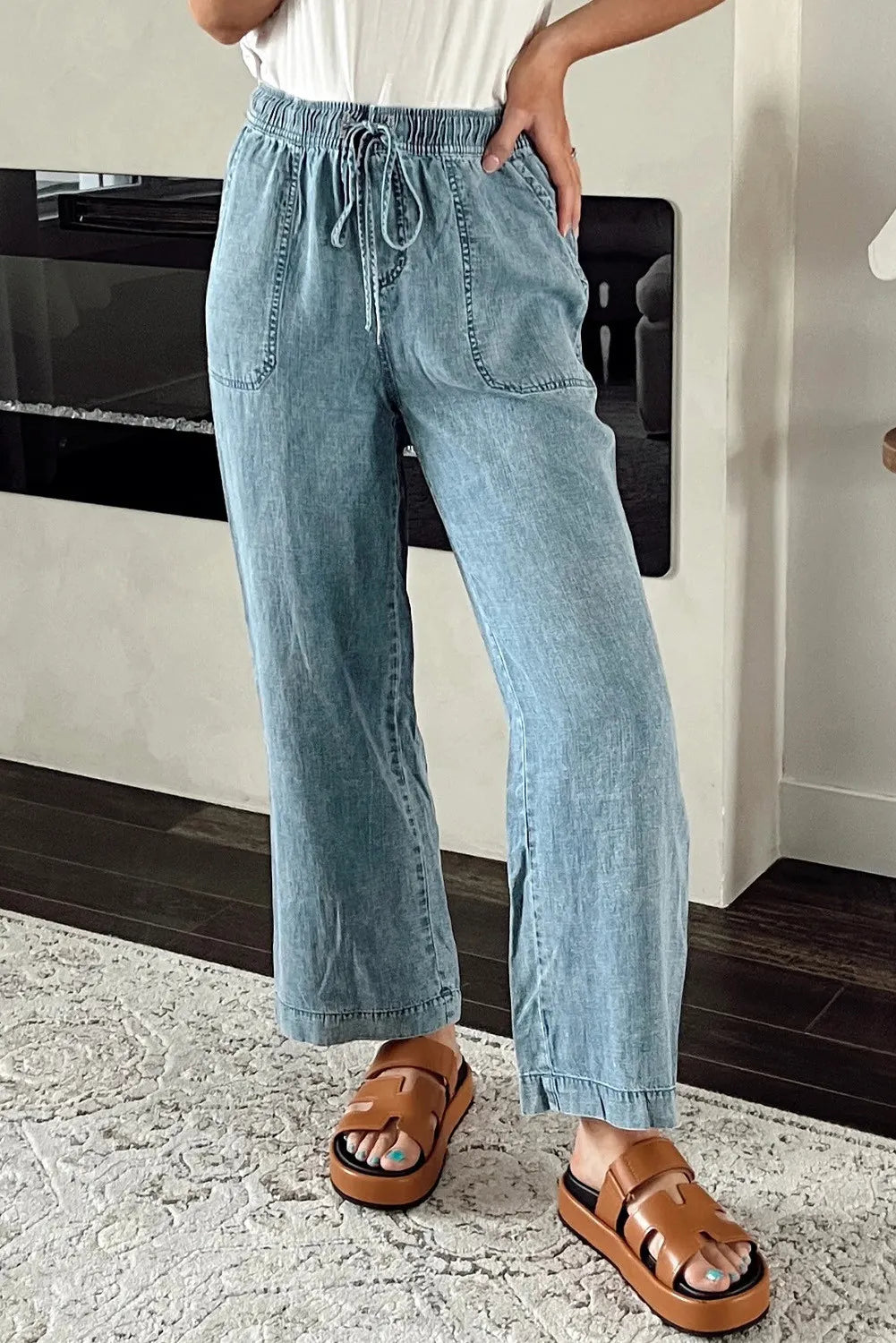 Drawstring High Waist Jeans with Pockets - MARIGOLD