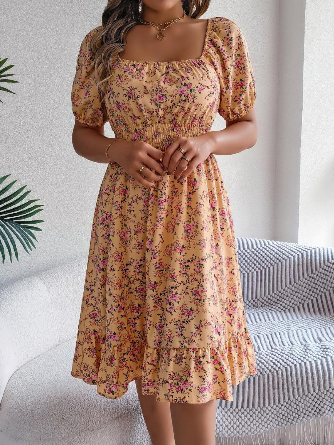 Ruffled Hem Floral Puff Sleeve Dress - MARIGOLD