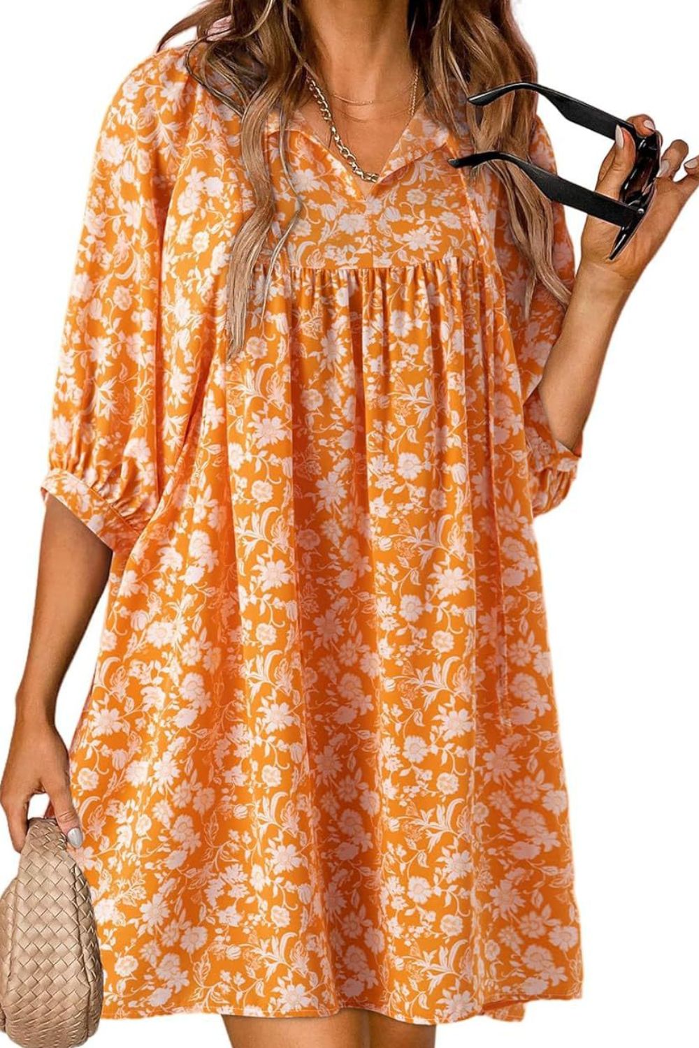 Floral Half Sleeve Mini Dress - MARIGOLD