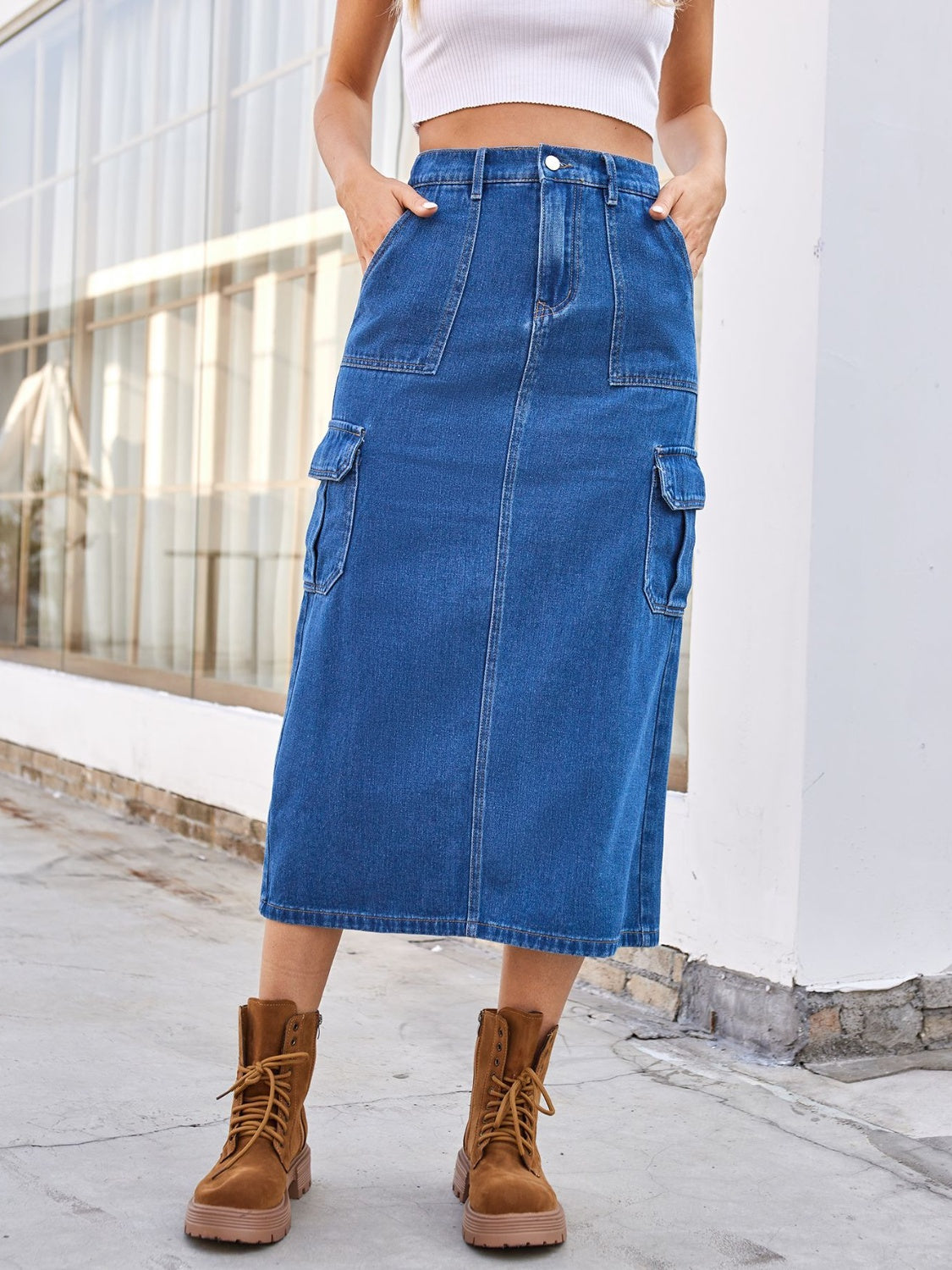 Midi Denim Skirt with Back Slit & Pockets - MARIGOLD