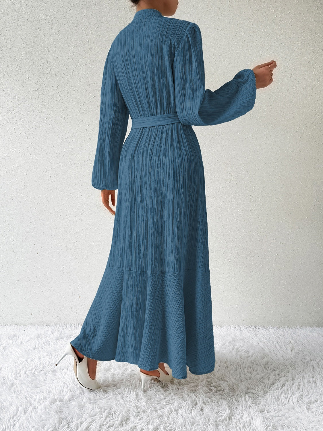 Belted Button Front Long Sleeve Maxi Dress - MARIGOLD