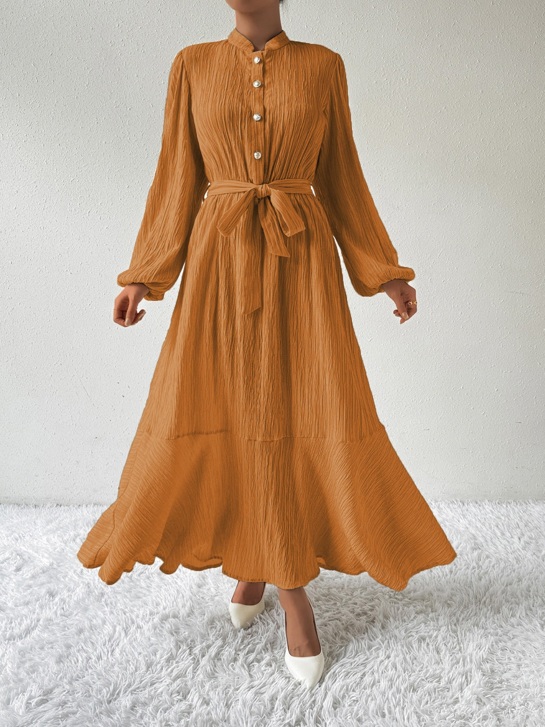 Belted Button Front Long Sleeve Maxi Dress - MARIGOLD
