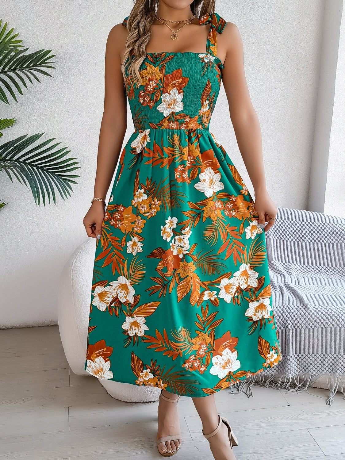 Floral Tie-Shoulder Midi Dress with Smocked Bodice - MARIGOLD
