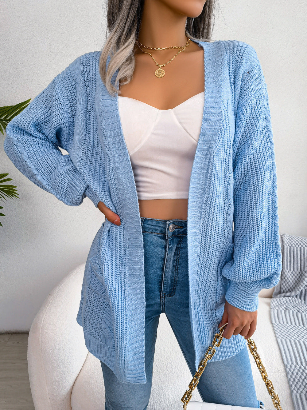 Cable-Knit Open Front Pocketed Cardigan - MARIGOLD