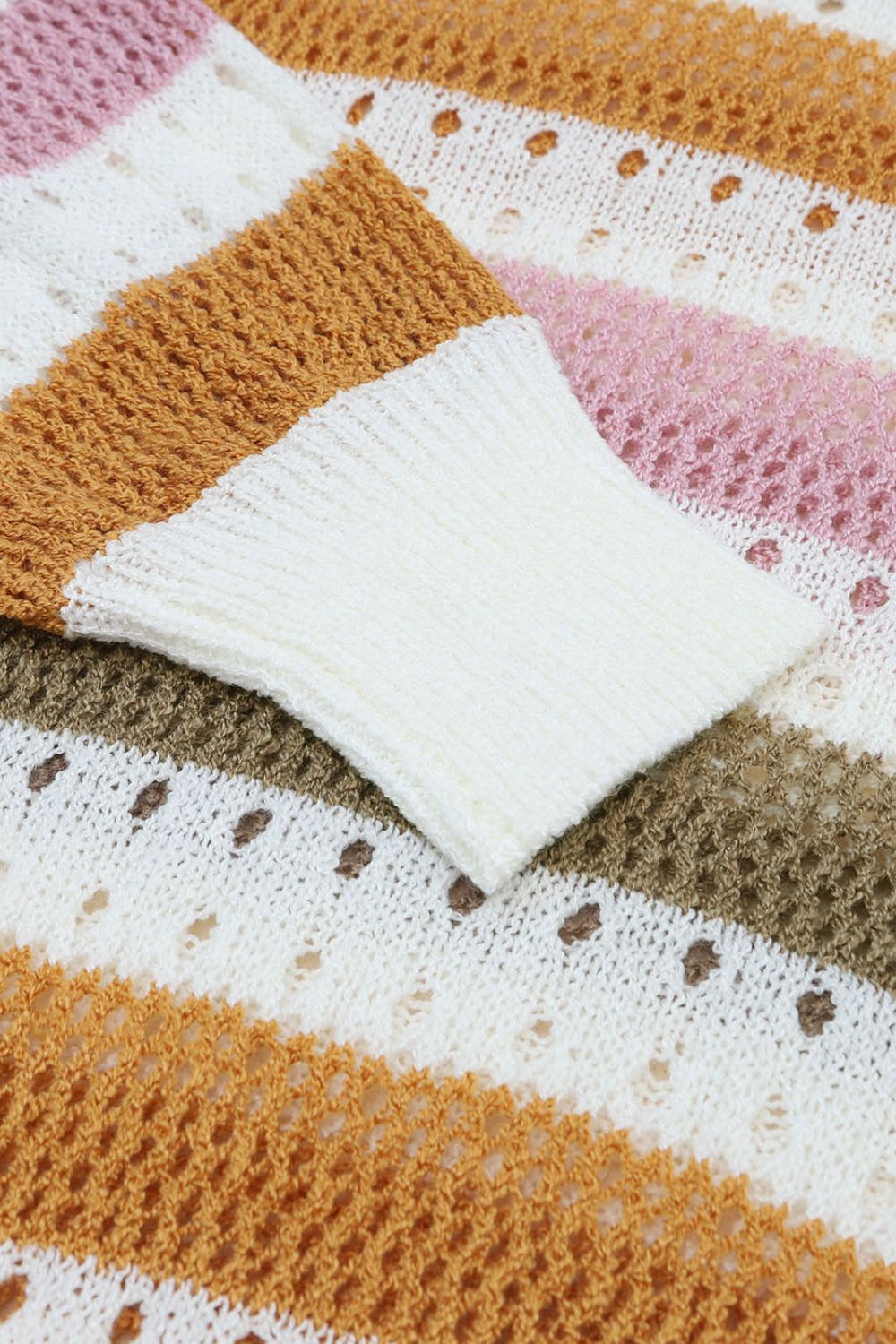Open Knit Striped Round Neck Sweater - MARIGOLD