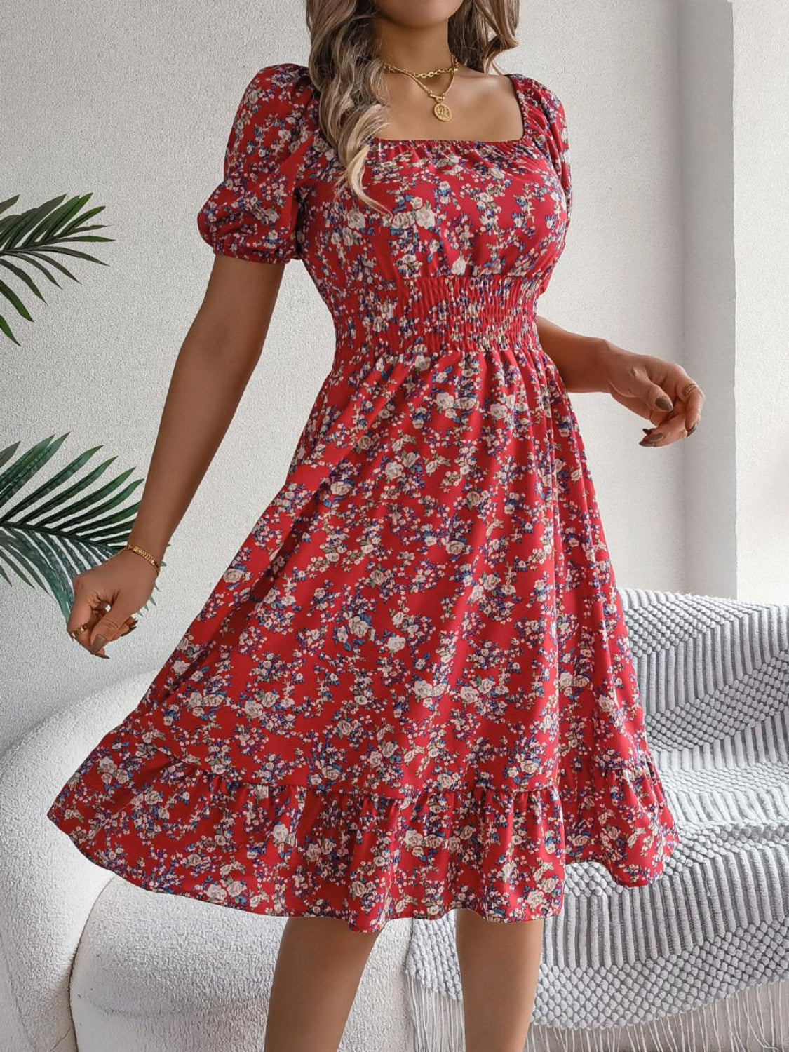Ruffled Hem Floral Puff Sleeve Dress - MARIGOLD
