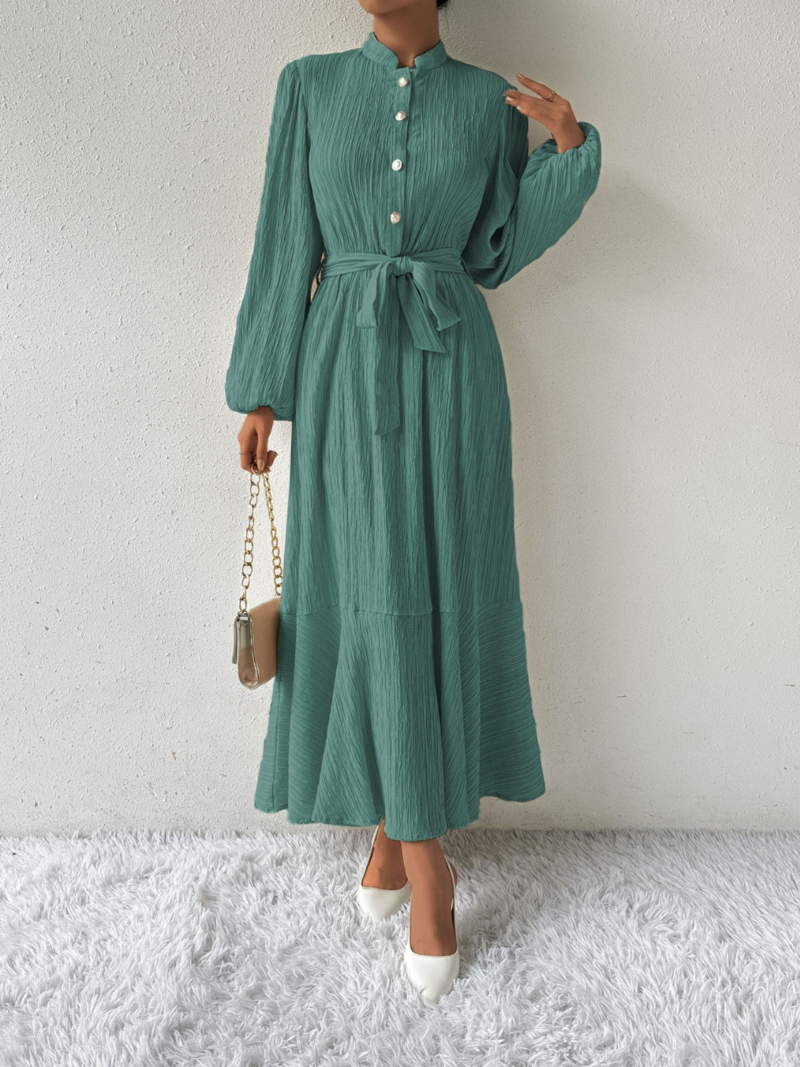 Belted Button Front Long Sleeve Maxi Dress - MARIGOLD