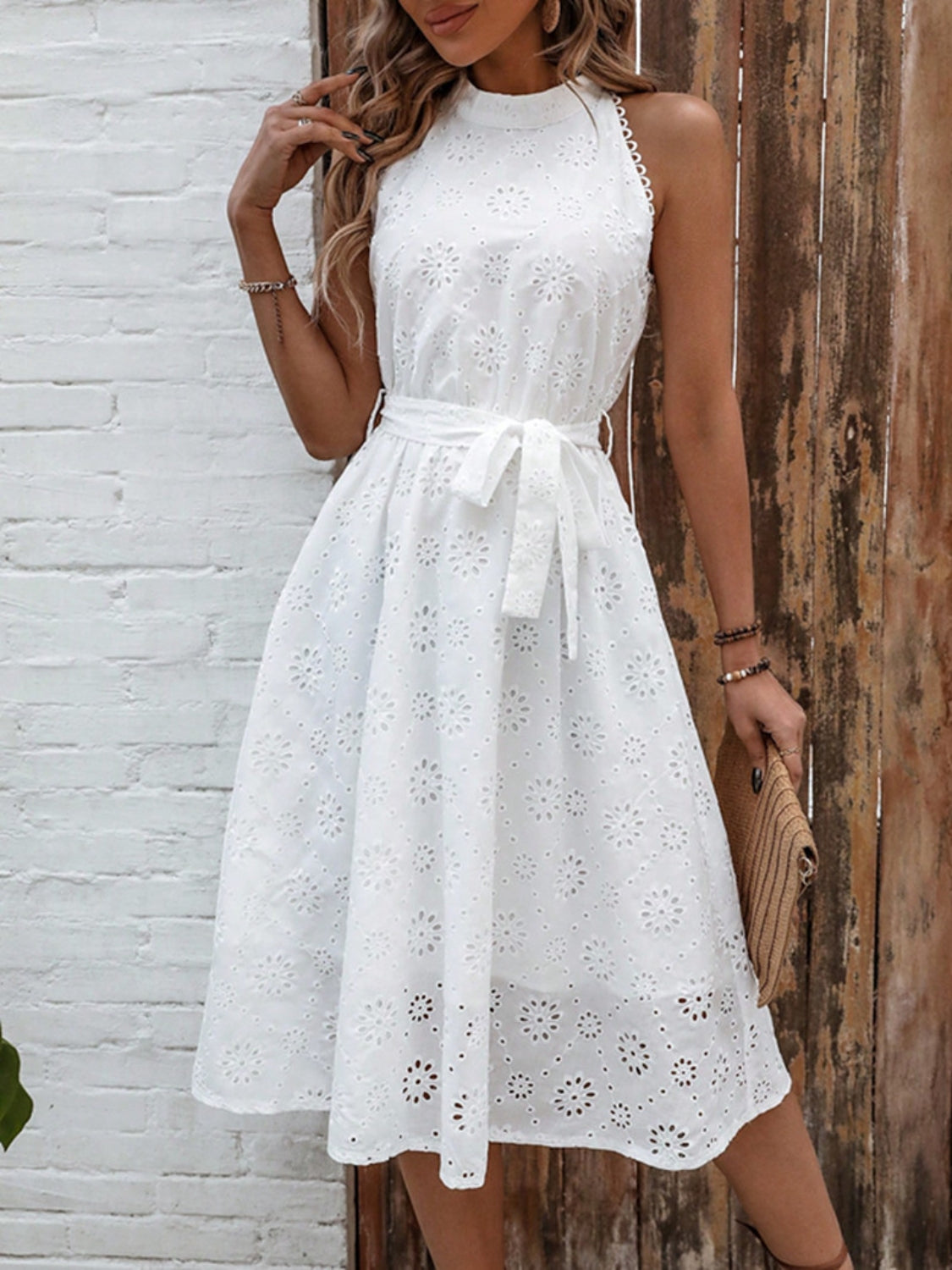 Grecian Style Eyelet Tie Waist Midi Dress - MARIGOLD