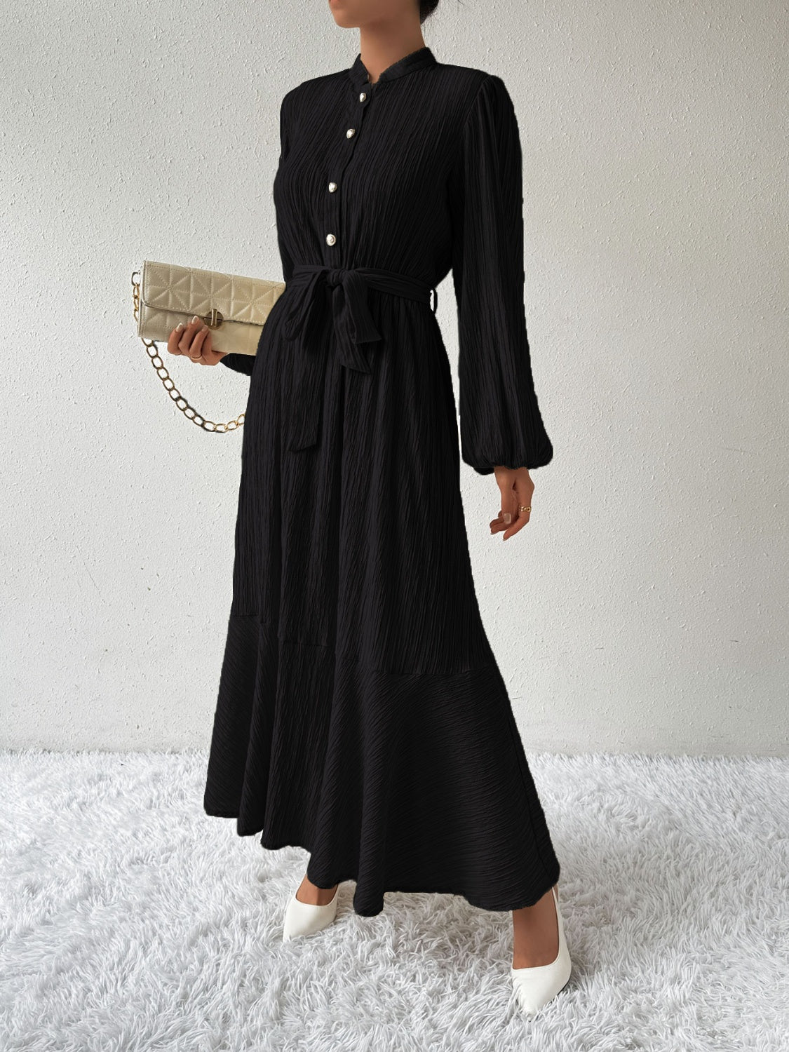 Belted Button Front Long Sleeve Maxi Dress - MARIGOLD