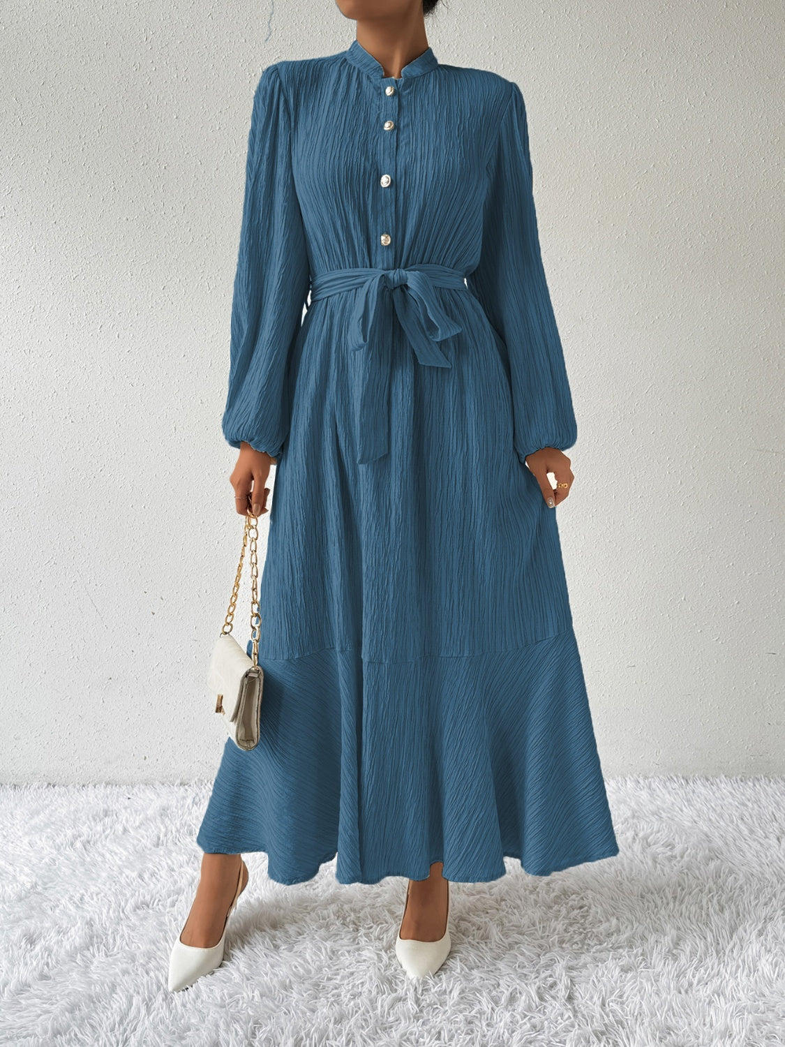 Belted Button Front Long Sleeve Maxi Dress - MARIGOLD