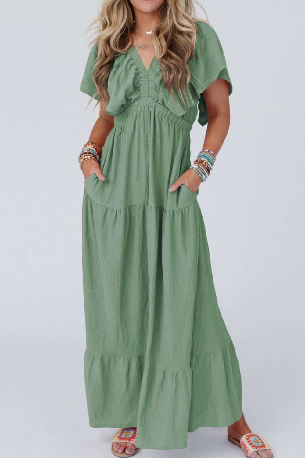 Ruffled V Neck Flutter Sleeve Maxi Dress - MARIGOLD