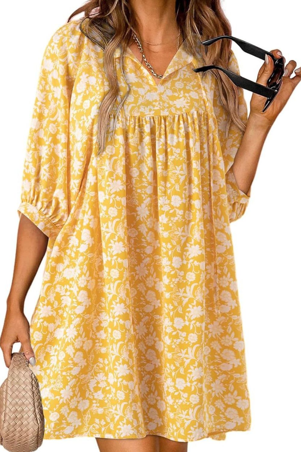 Floral Half Sleeve Mini Dress - MARIGOLD