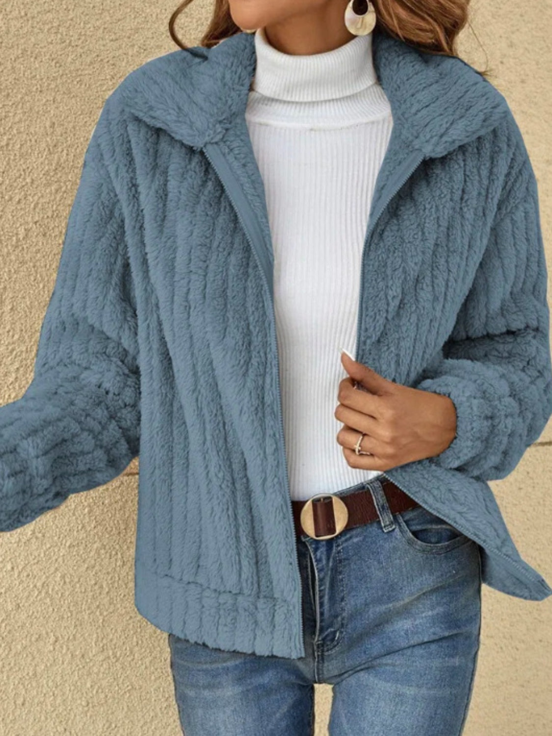Plush Zip Up Long Sleeve Jacket - MARIGOLD