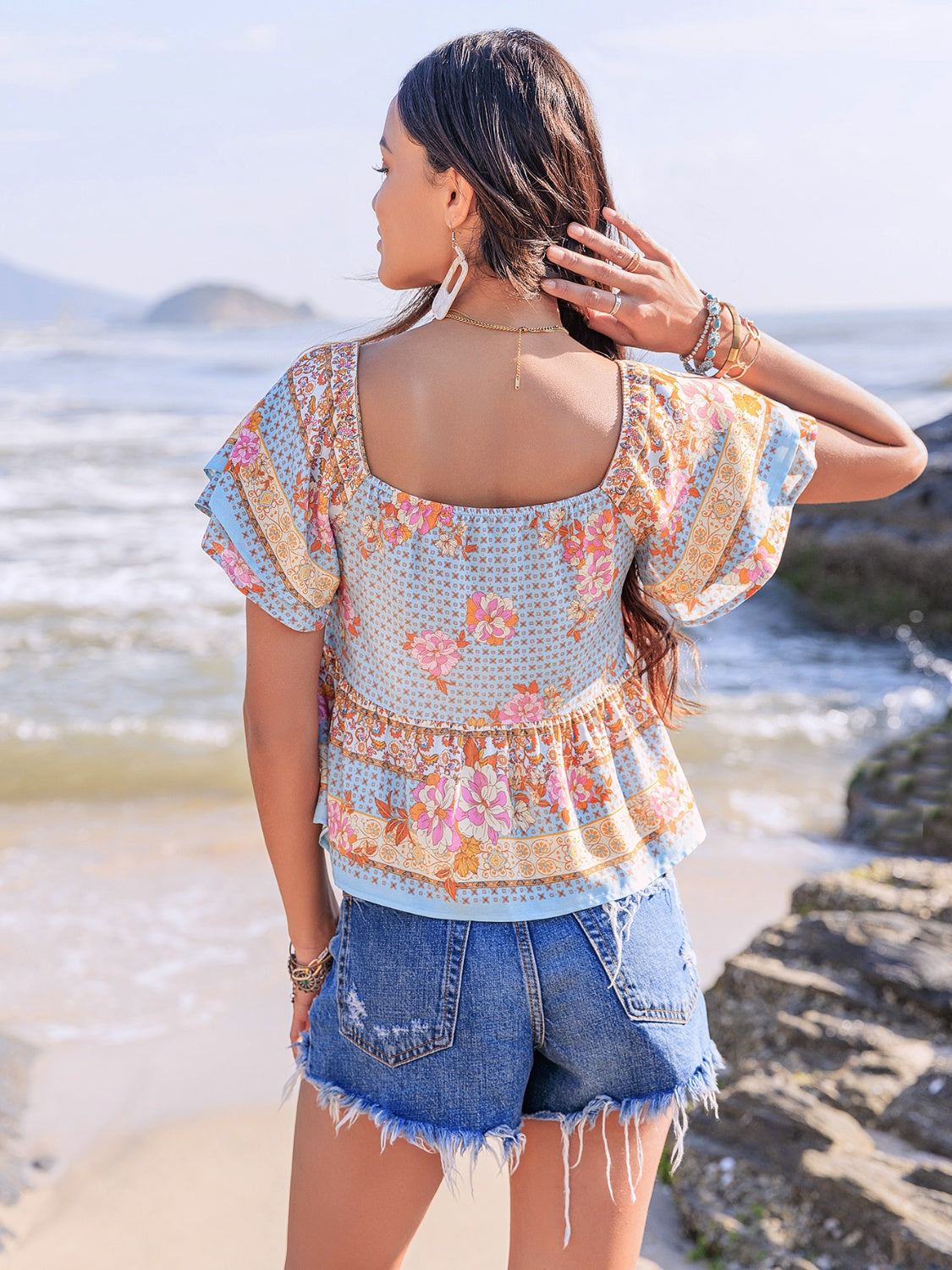 Floral Sweetheart Tie-Front Angel Sleeve Blouse - MARIGOLD