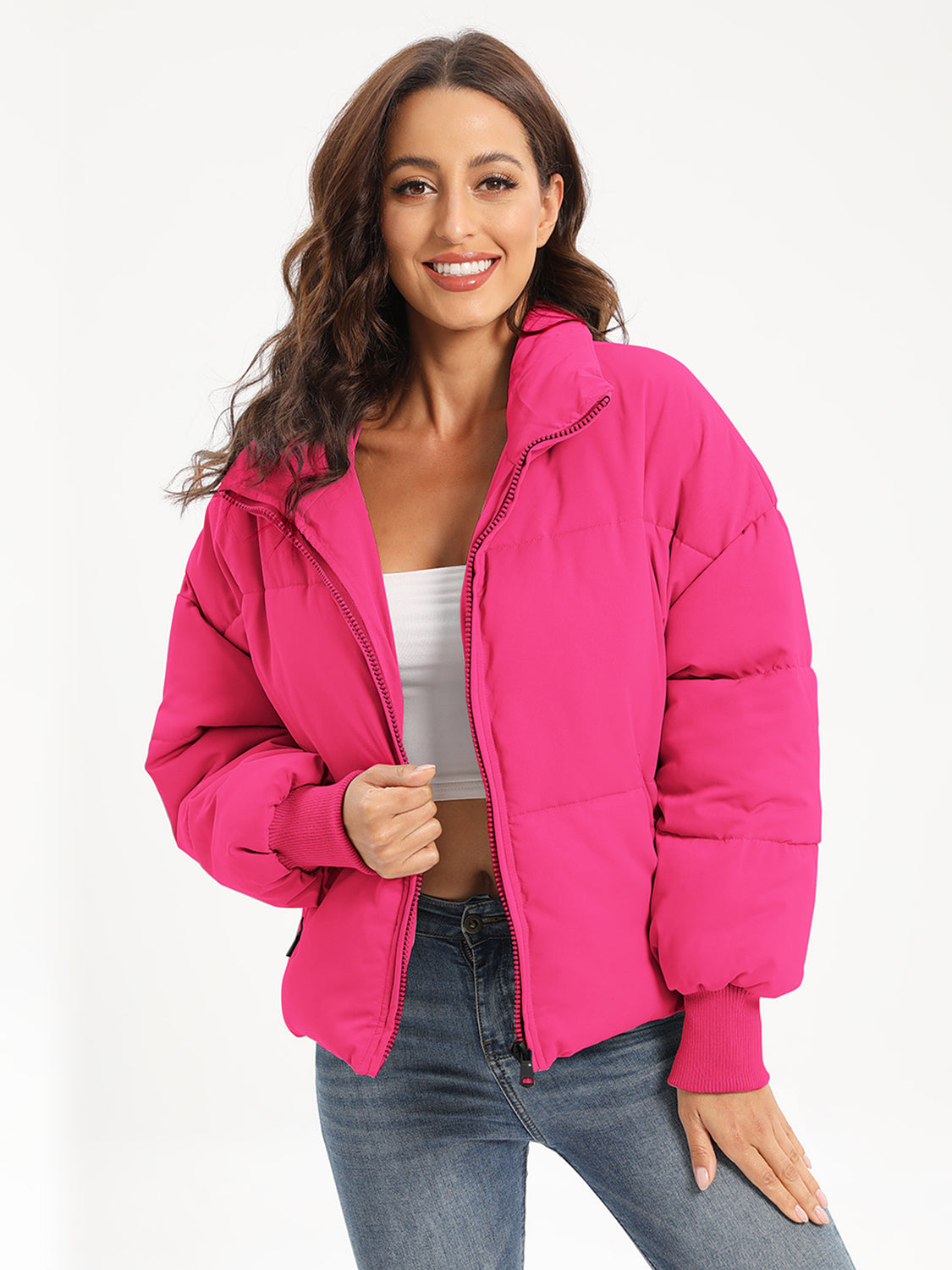 Zip Up Turtleneck Long Sleeve Puffer Jacket - MARIGOLD