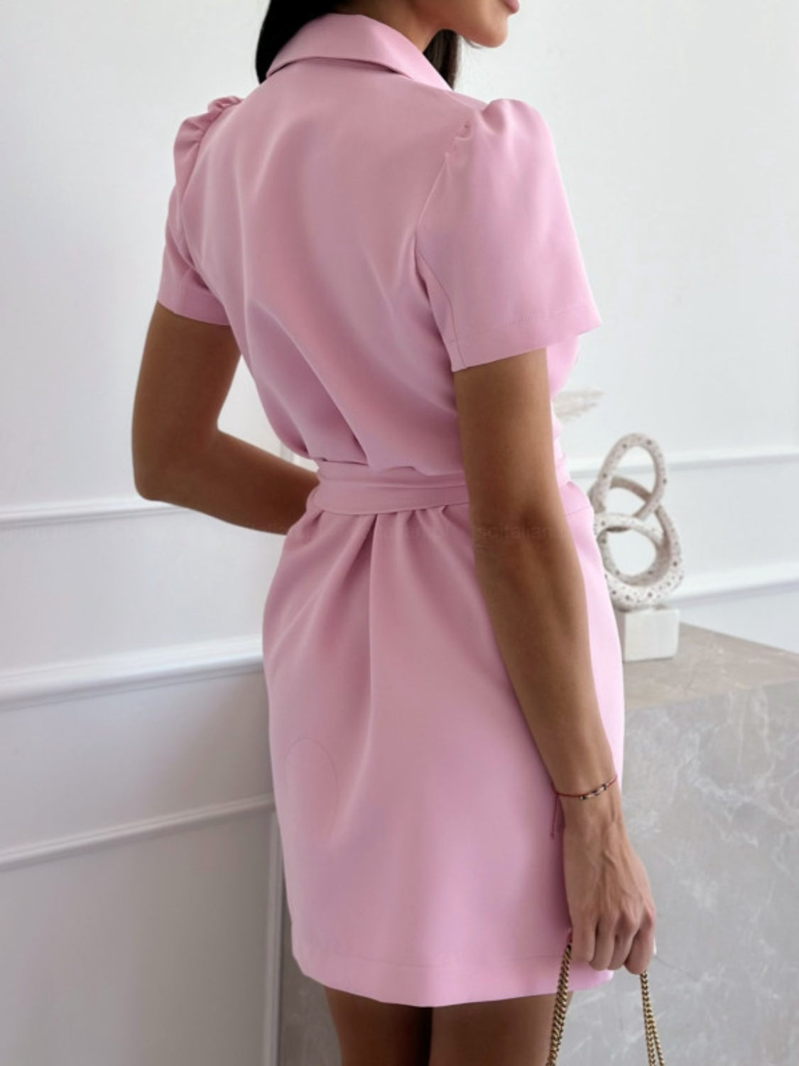 Lapel Tie Waist Short Sleeve Mini Dress - MARIGOLD
