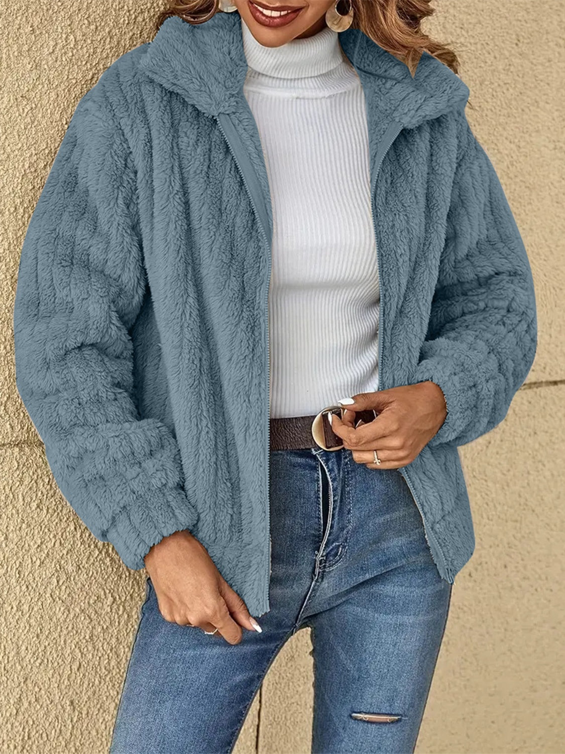 Plush Zip Up Long Sleeve Jacket - MARIGOLD