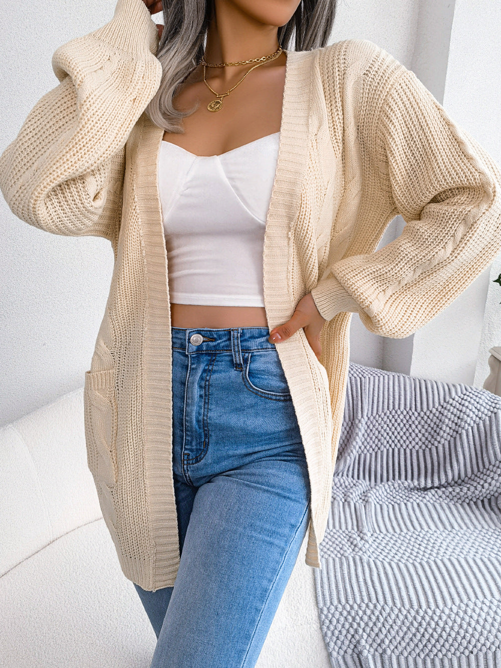 Cable-Knit Open Front Pocketed Cardigan - MARIGOLD
