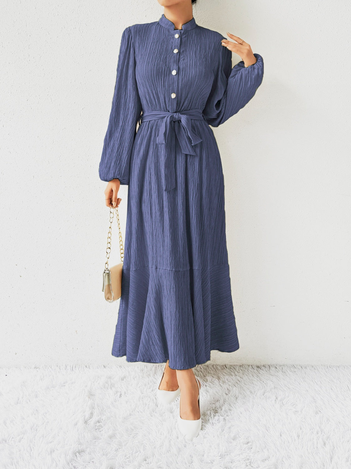Belted Button Front Long Sleeve Maxi Dress - MARIGOLD