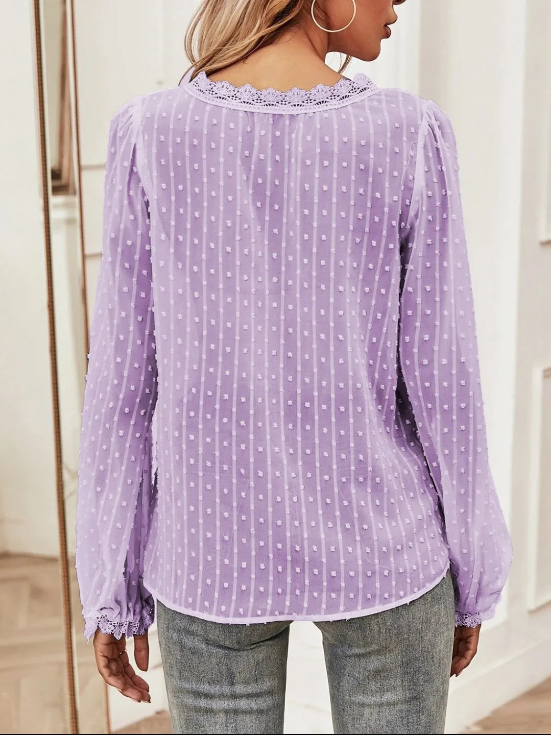 Swiss Dot Lace Detail V-Neck Long Sleeve Blouse - MARIGOLD