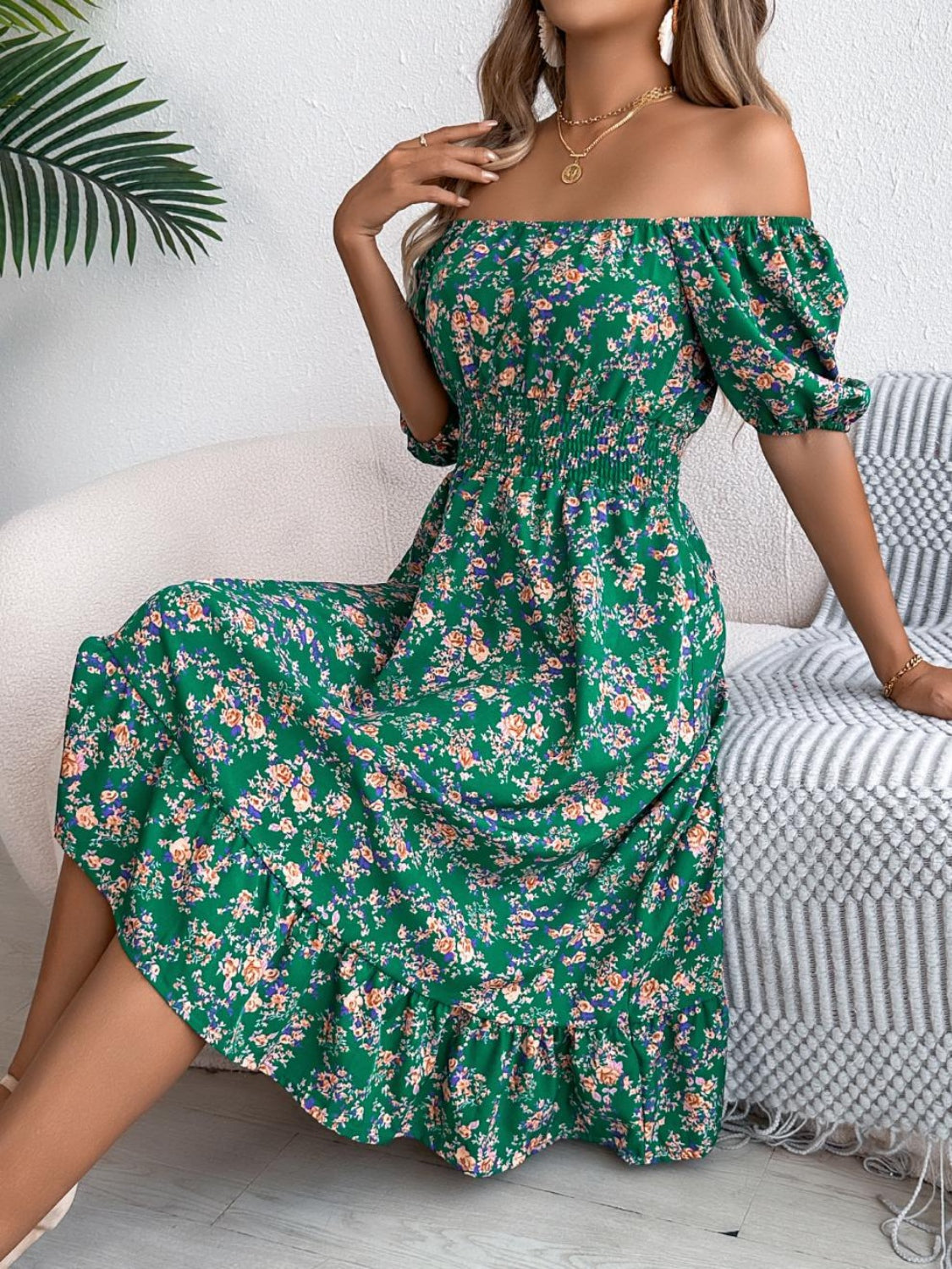 Ruffled Hem Floral Puff Sleeve Dress - MARIGOLD