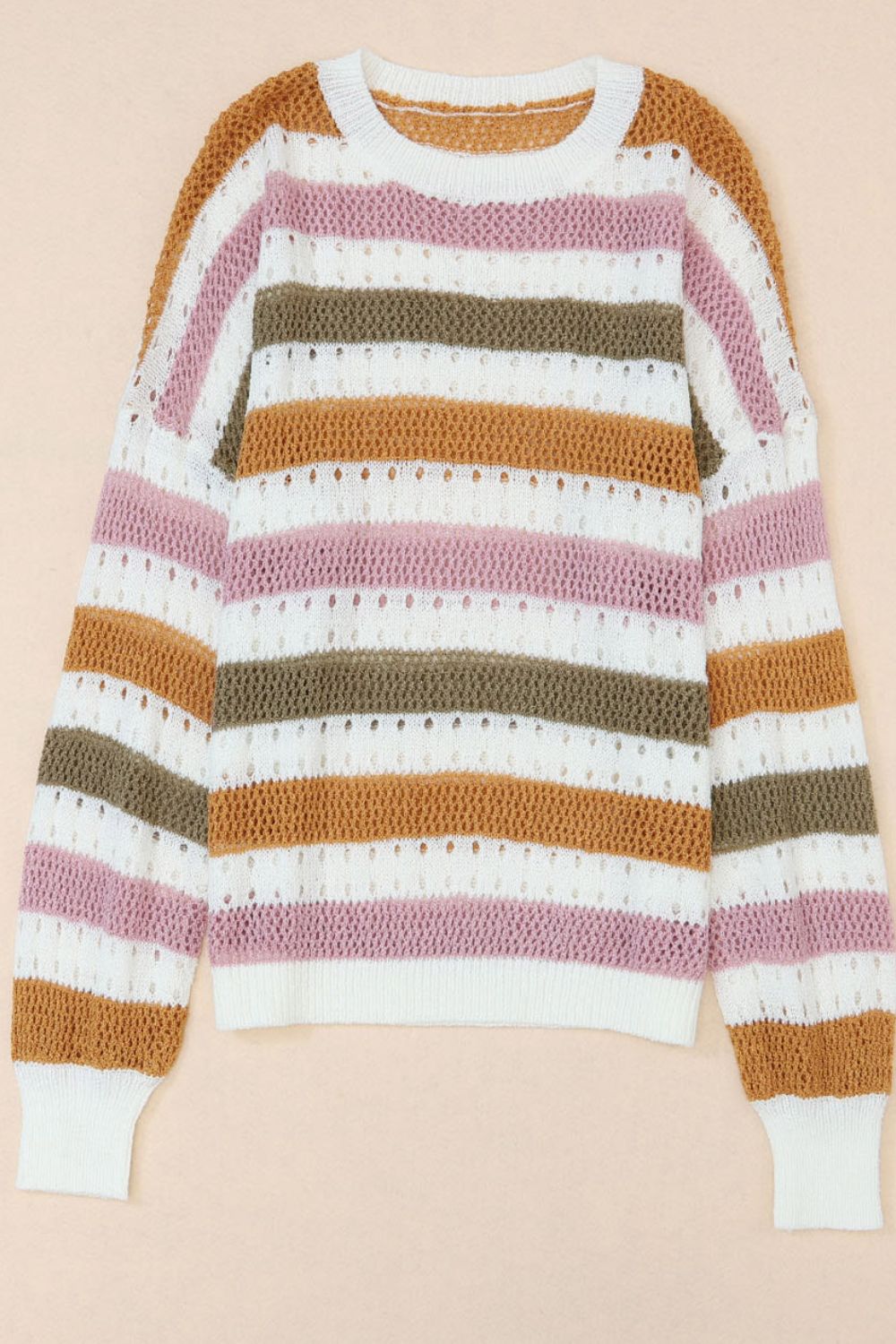 Open Knit Striped Round Neck Sweater - MARIGOLD