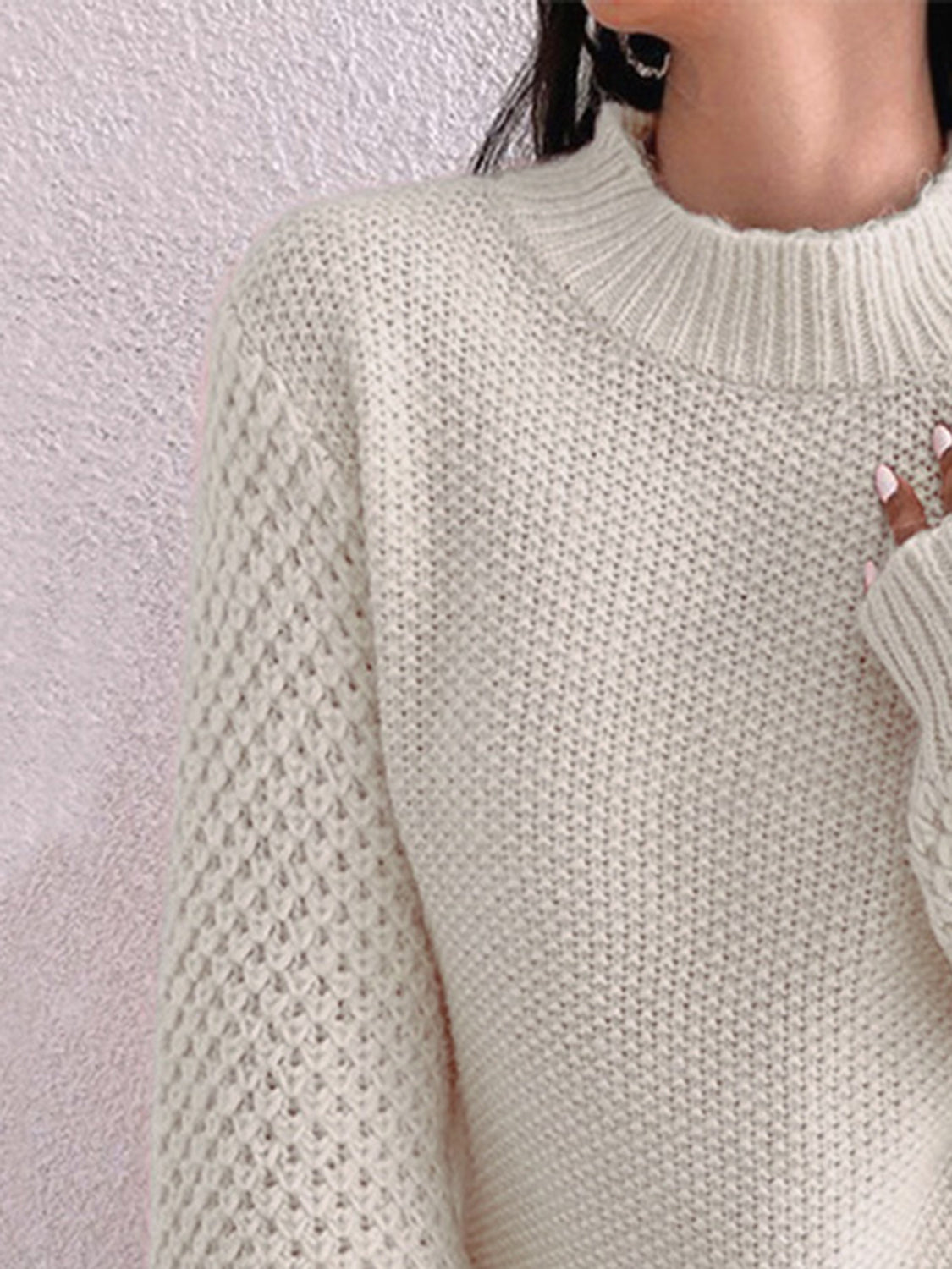 Open-Knit Mock Neck Long Sleeve Sweater - MARIGOLD