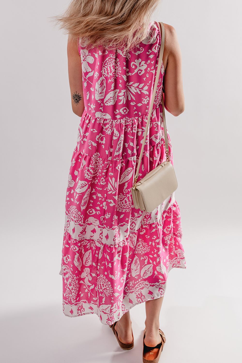 Floral Sleeveless Tasseled Tie Neck Tiered Midi Dress - MARIGOLD