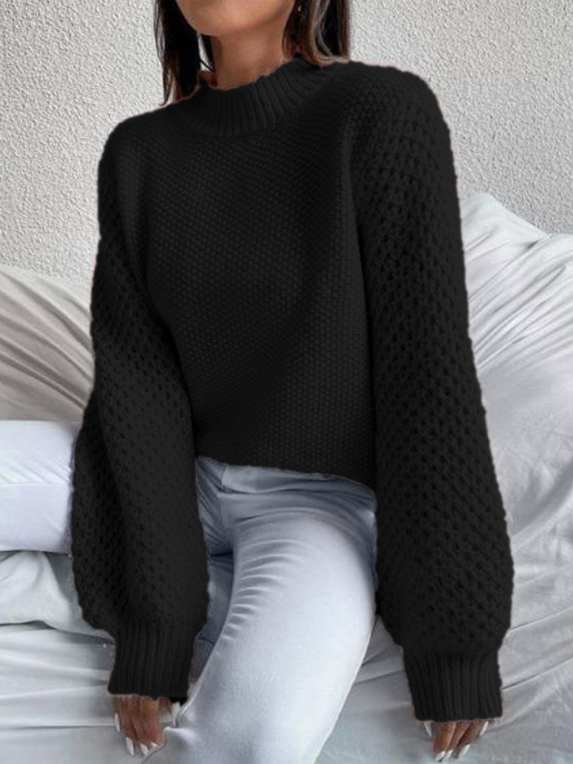 Open-Knit Mock Neck Long Sleeve Sweater - MARIGOLD