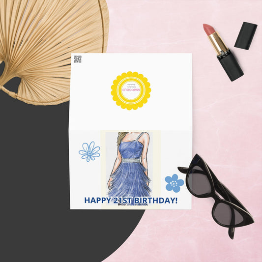 Front of a 21st birthday greeting card with festive design, perfect for celebrating a special milestone birthday.