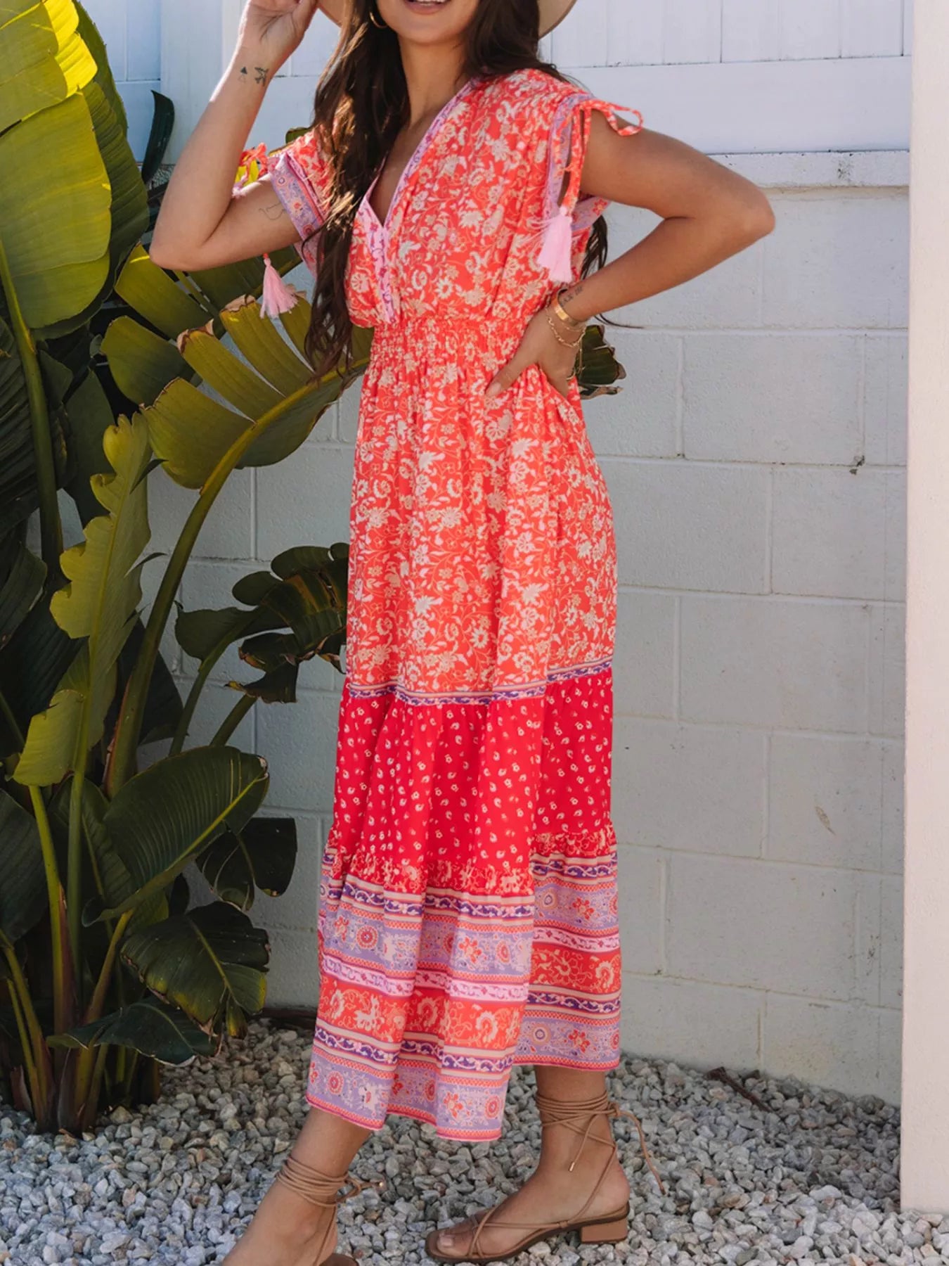 Floral Print Empire Waist Maxi Dress with Tassel Sleeves - Women's Boho Maxi Dress - MARIGOLD COLLECTIONS AUSTRALIA