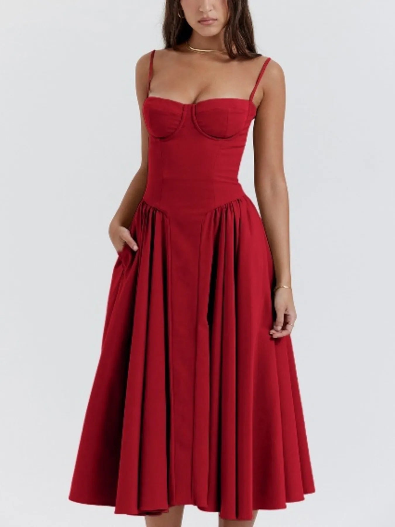 Sweetheart Neck Ruched Midi Dress red